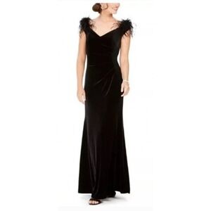 Eliza J Black Velvet Feather Strap Evening Gown Dress Plus Size 16W New